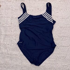 Navy Blue Speedo M One Piece Swimsuit – Built-In Bra Cups, White Stripe Detail